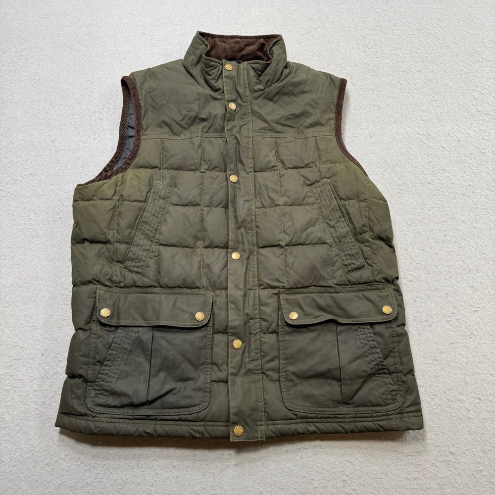 LL Bean Upcountry Puffer Vest Mens Large Olive Waxed Cotton Down Corduroy Collar